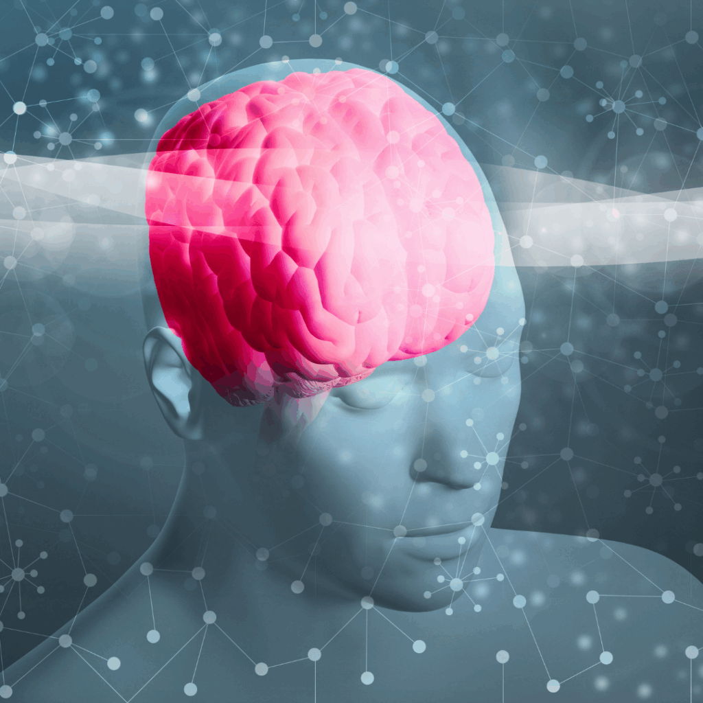 Human head with visible brain and brainwaves, connections