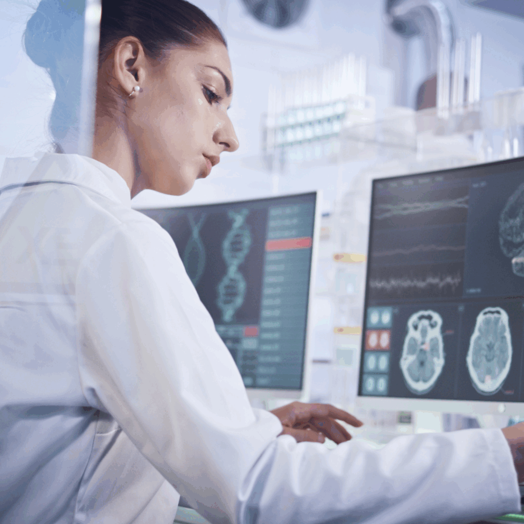 Female research team studying brainwave scanning