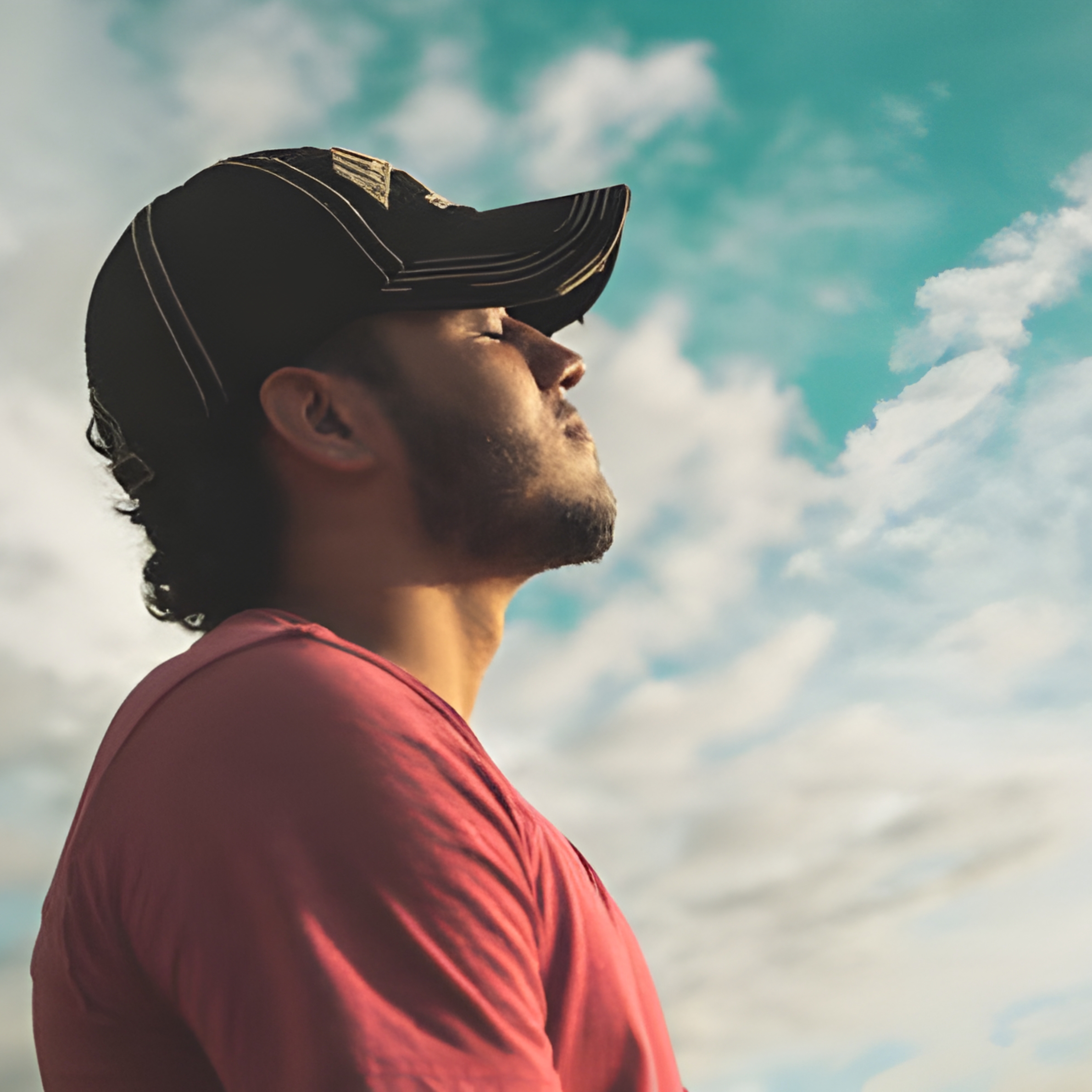 Man looking up at the sky, reflecting calm awareness, clarity, and mental alignment