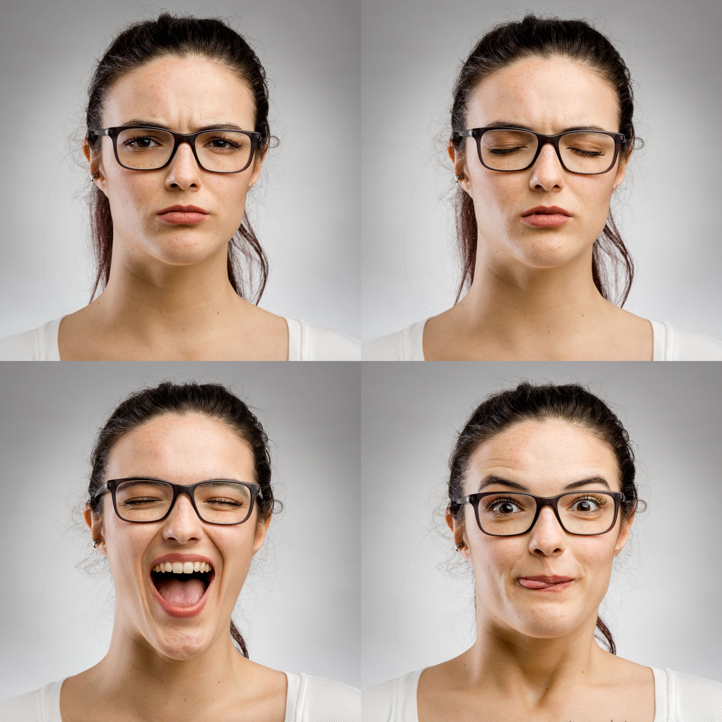 Woman Wearing Glasses Showing Four Different Moods